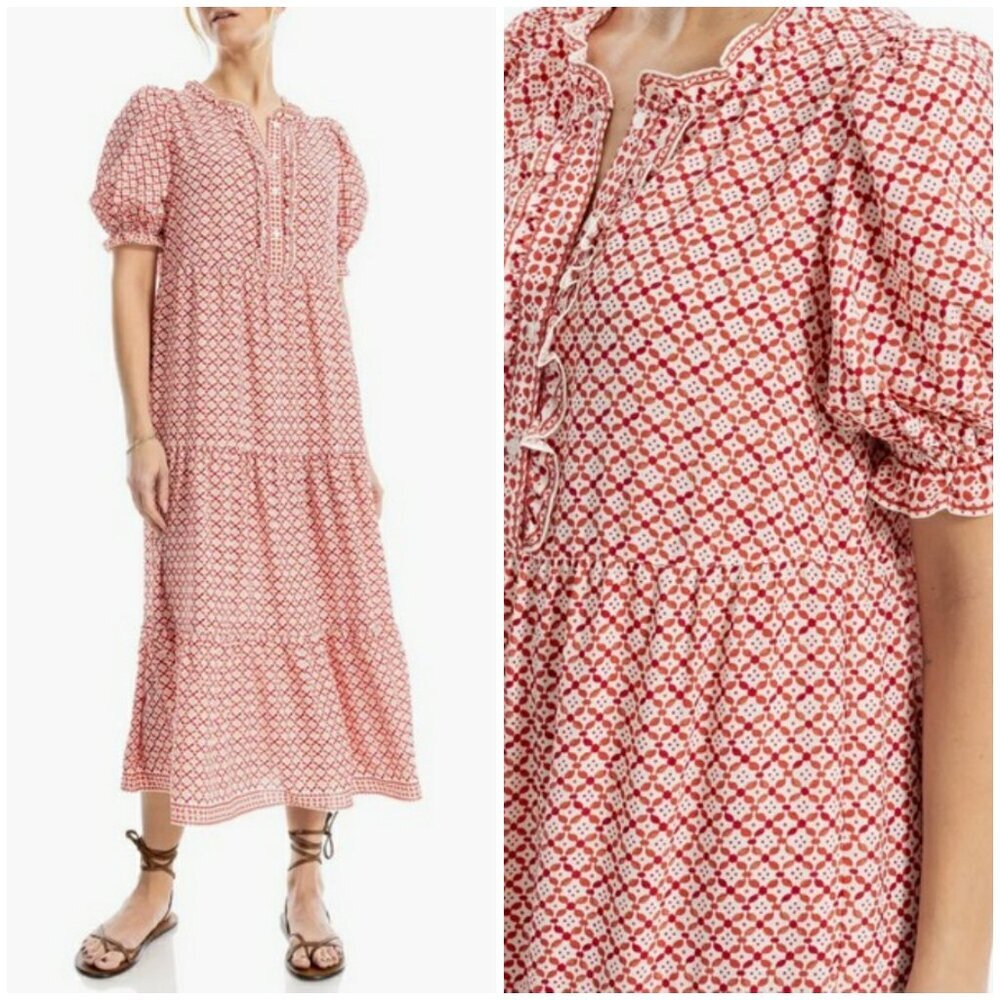 💕MAX STUDIO💕 Puff Sleeve Tiered Midi Dress Red/Cream Chnml Geo Print Large NWT